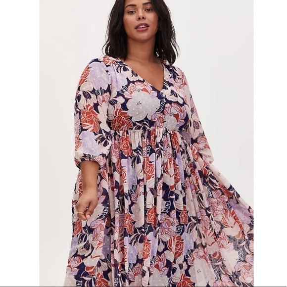 Torrid size 2 NAVY FLORAL SWISS DOT BUTTON DOWN TEA LENGTH DRESS - Picture 2 of 12